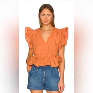 Ulla Johnson Iyla Top Peplum Cotton Clay Orange Size 2 V Neck Ruffle